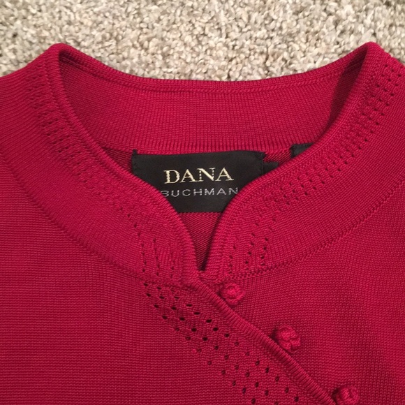 Dana Buchanan red silk sweater with mandarin collar and button knot detail. Sz L - Picture 3 of 6